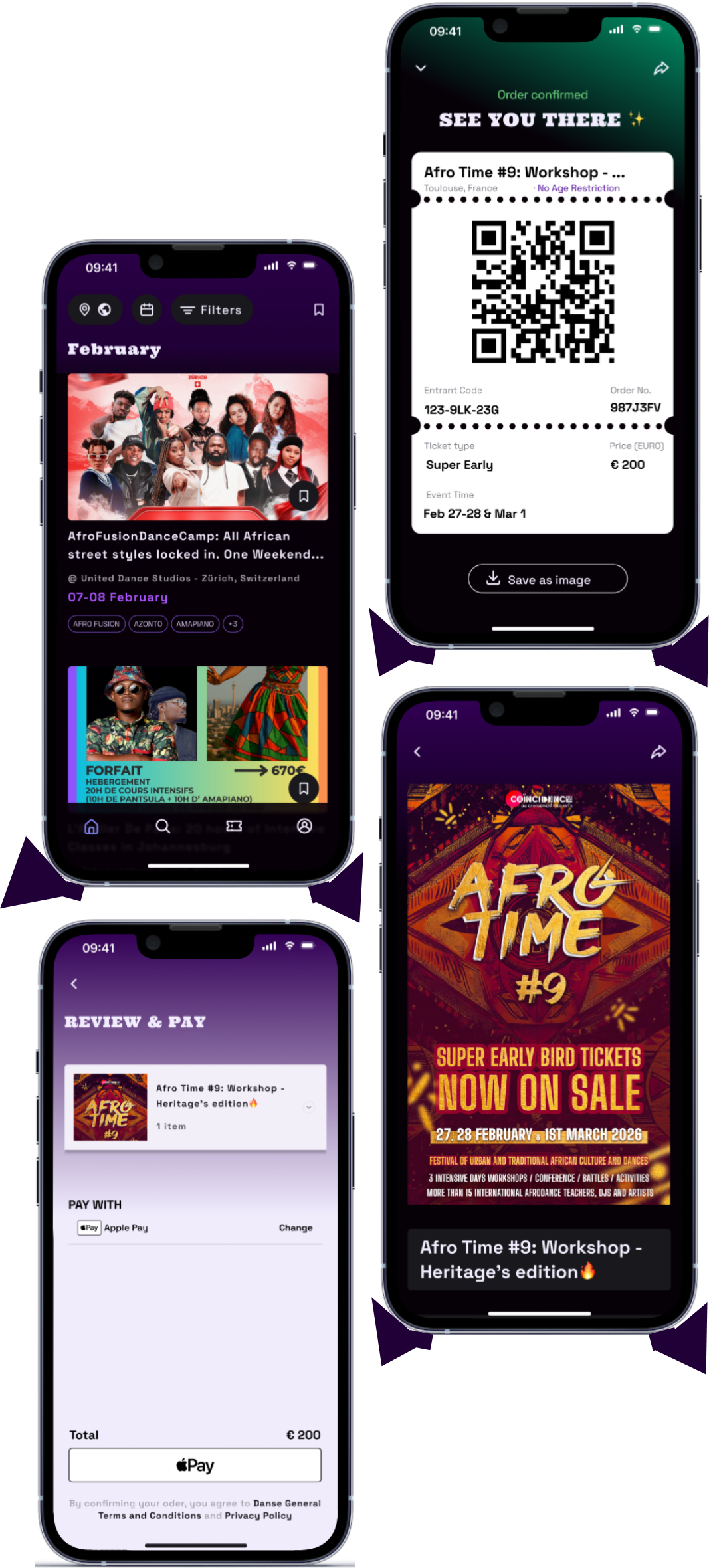 DANSE app screenshots showing event discovery, ticket purchasing, and dance workshops